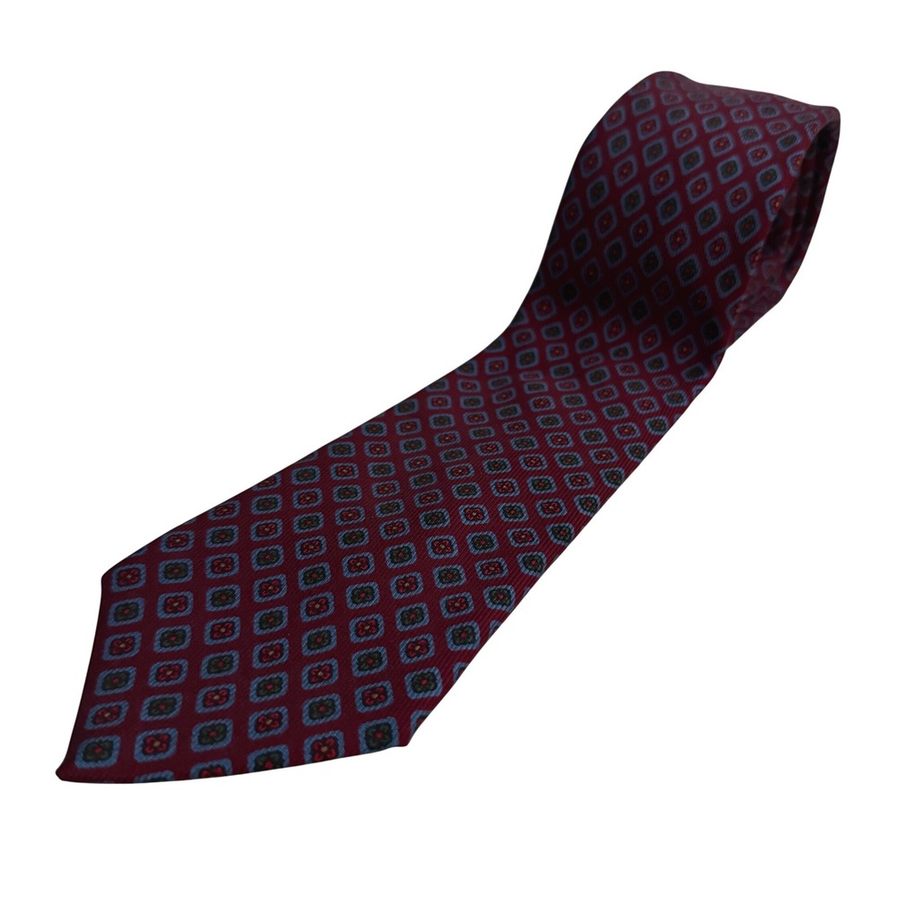 Turnbull & Asser Silk Tie Burgundy Blue Geometric Medallion Hand Made Necktie UK